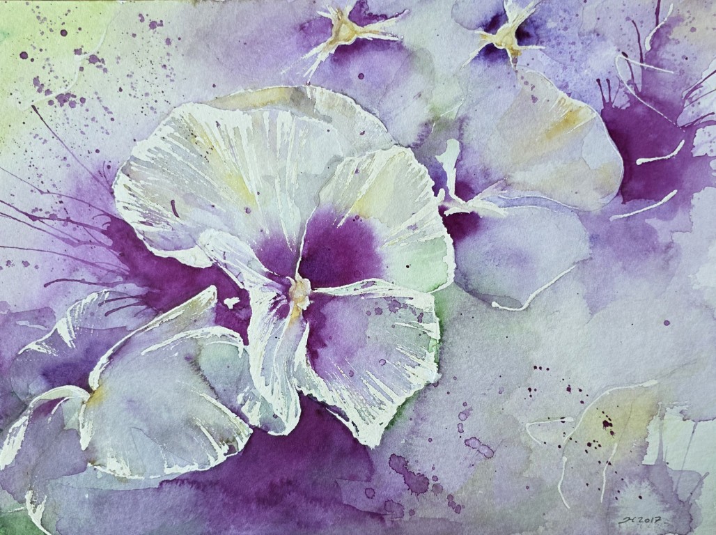 Aquarellbild eines Stiefmütterchens in kontrastreichen Rosa- und Lilatönen